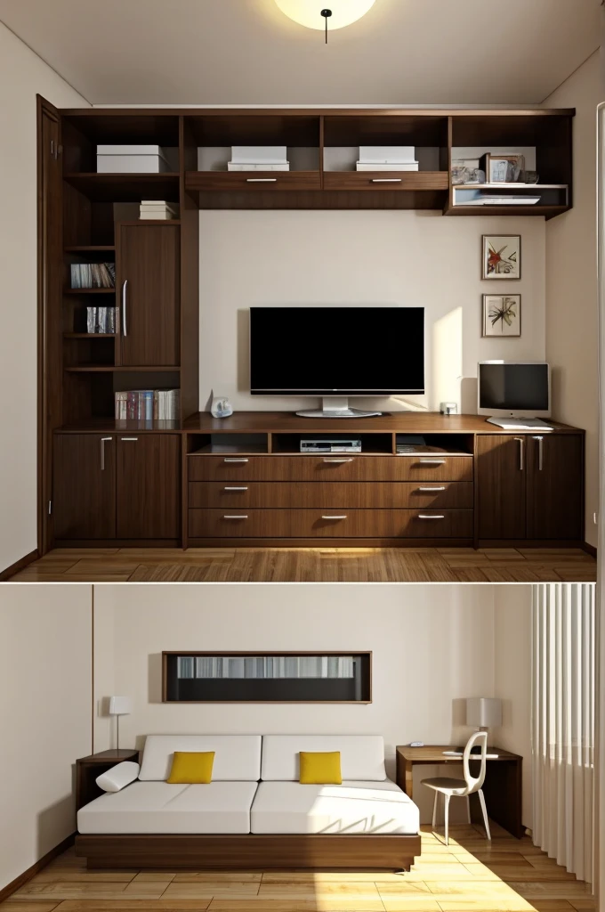 Create a double room with a desk, sofa, television and closet
