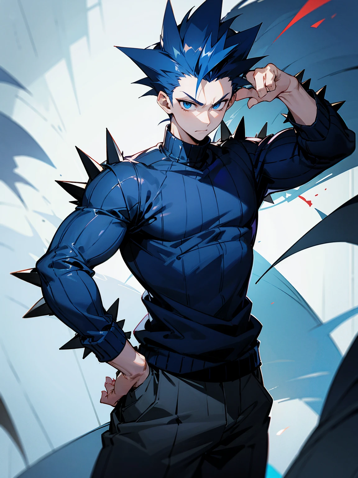 1male, dark blue hair, spiky hair, spiky skin, spiky sweater, spiky pants, confident expression