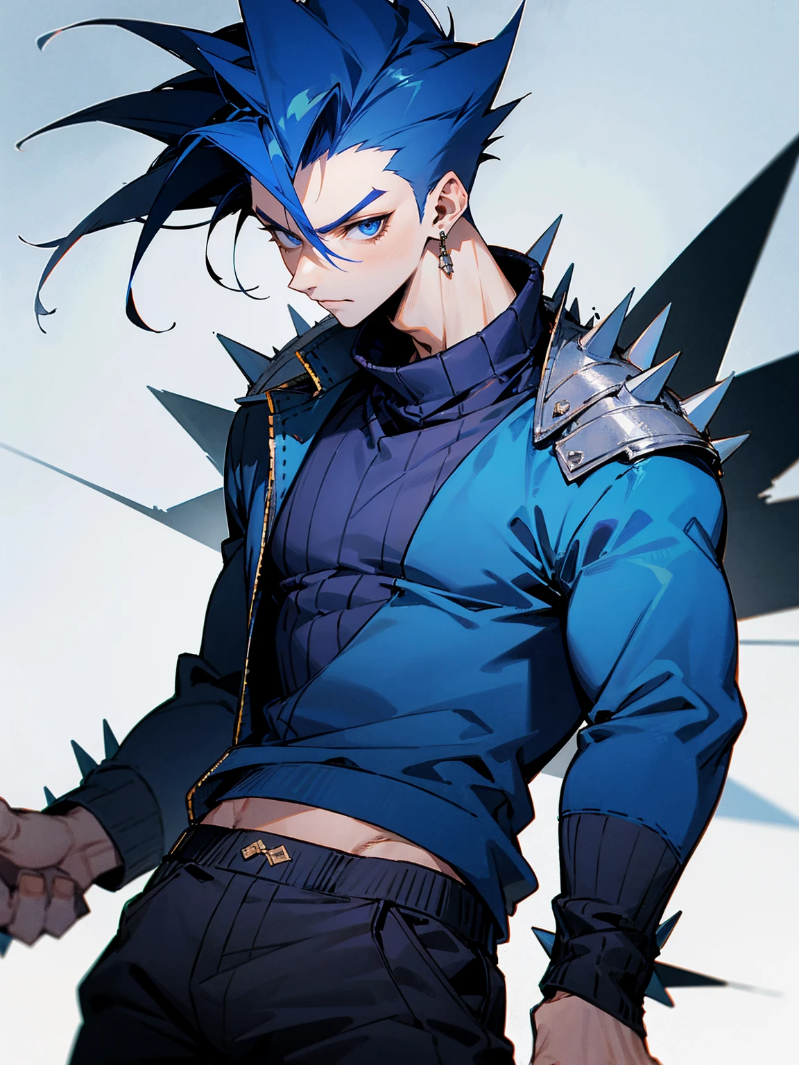 1male, dark blue hair, spiky hair, spiky skin, spiky sweater, spiky pants, confident expression