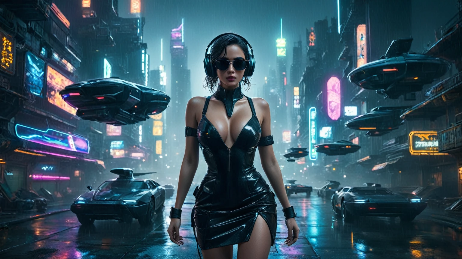 (aerial view, a flying cars docking platform, a very dark abandoned futuristic city, neon lights), rainy night. 1girl, solo, alone, large-breast:1.2 slim body, cleavage:1.1, sexy wind blowing wet dress:1.4, (headphone, black sunglasses), (((((she raised:1.8 a pistol:1.8 and took aim at viewer))))), dynamic pose, (((half-body thigh level medium shot))), cinematic lighting, lens flare, ray tracing.