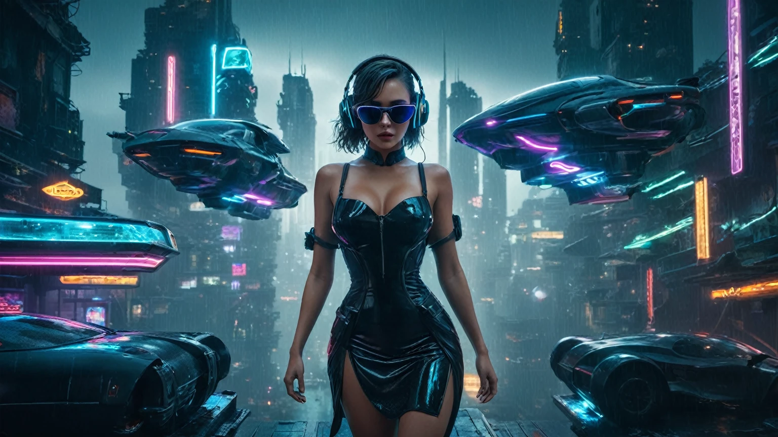 (aerial view, a flying cars docking platform, a very dark abandoned futuristic city, neon lights), rainy night. 1girl, solo, alone, large-breast:1.2 slim body, cleavage:1.1, sexy wind blowing wet dress:1.4, (headphone, black sunglasses), (((((she raised:1.8 a pistol:1.8 and took aim at viewer))))), dynamic pose, (((half-body thigh level medium shot))), cinematic lighting, lens flare, ray tracing.