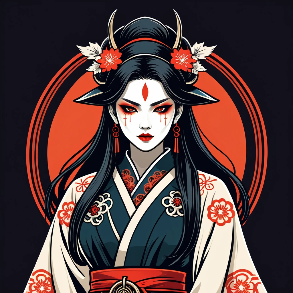female necromancer in japan folk outfit, vector graphics, strong contours, logo design