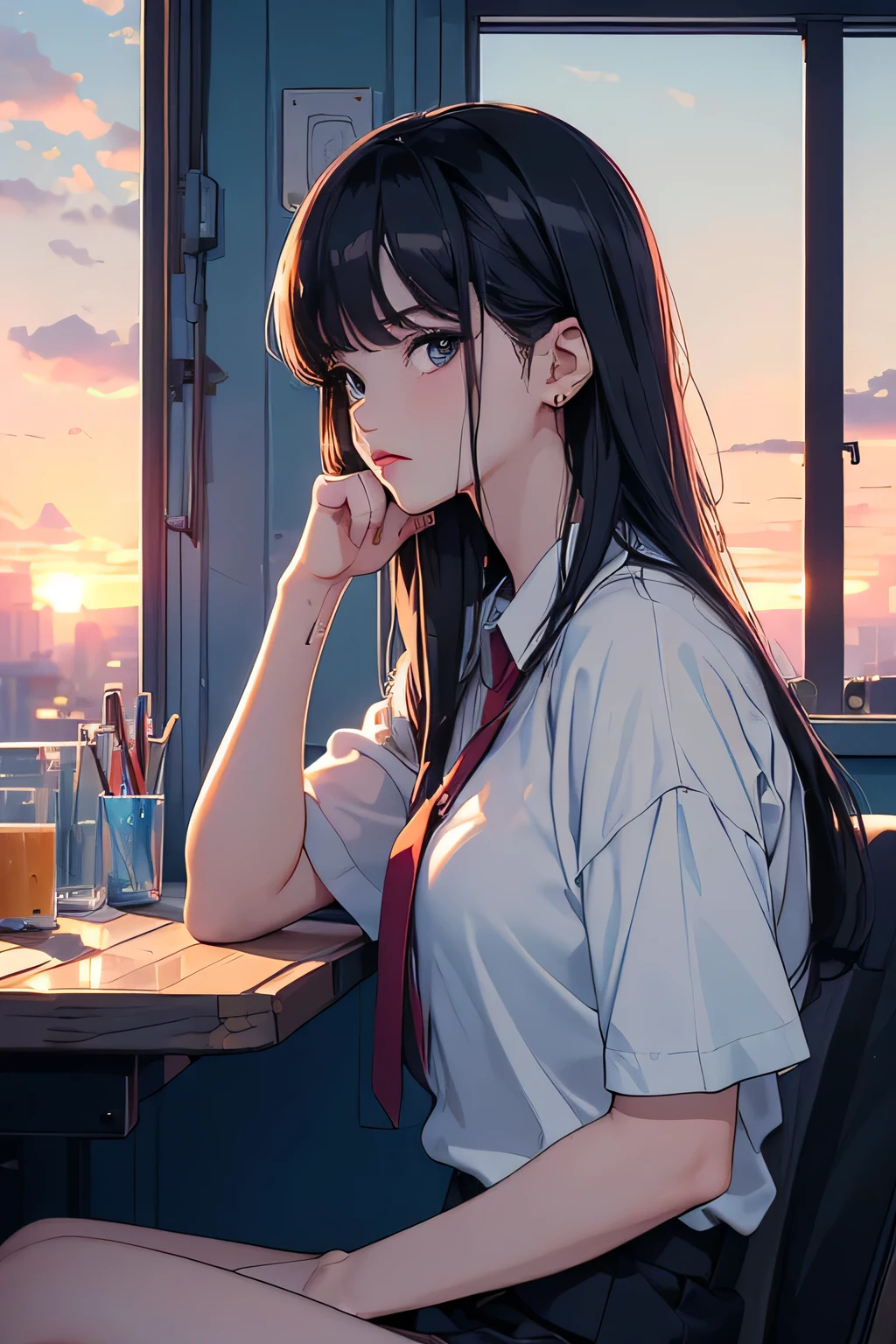(masterpiece:1.5, best quality:1.5), ((VaporWave style, partially coloring)), cinematic angle, (ultra straight hair, Asymmetrical bangs), 1girl, (Hair flowing in the wind), Staring tiredly out the window, (Eyes looking away, Looking out the window), (sunset outside the window:1.2, sunset through window:1.2), From inside the house, ((Rest chin on hand)), Elbow on the table, face seen from the side, Short sleeve white shirt uniform, ultra straight hair, Poke out lips,