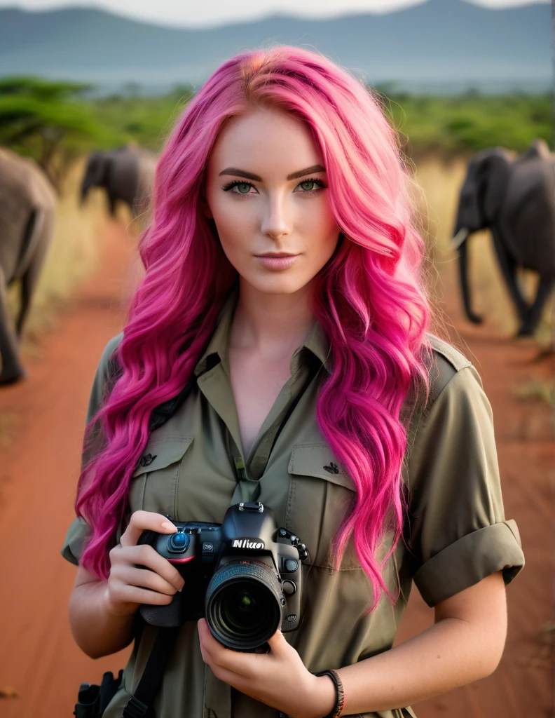 Very attractive 25 year old caucasian female with long wavy bright pink hair, on safari in Tanzania, holding a nikon d850 with a long lens, photo quality