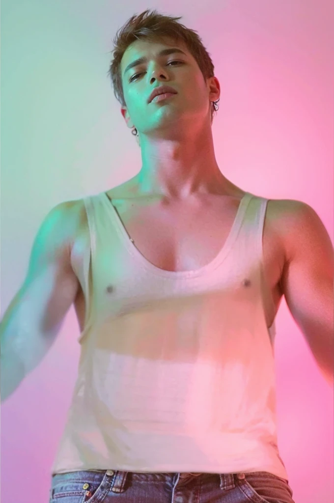 Boy wearing t-shirt and blue jeans in studio 
