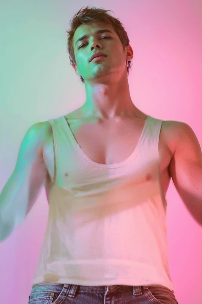 Boy wearing t-shirt and blue jeans in studio 