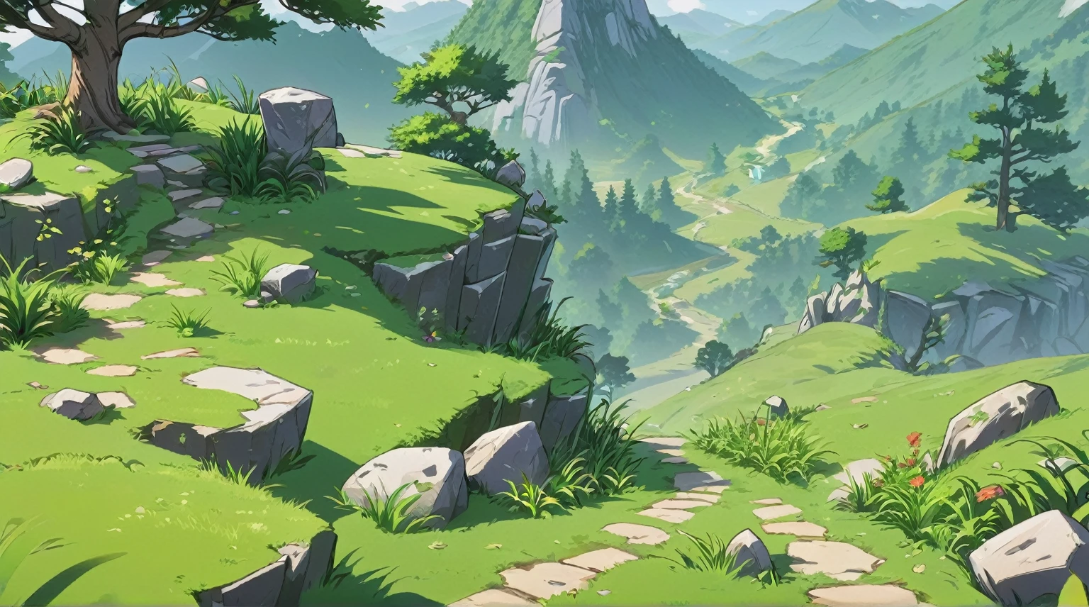传奇皮肤“Grass原森林”，Mountain，stone，Grass，Tree，Grass原森林场景，Green Plants，Cartoon Style，Game big scene，Look down at the scene