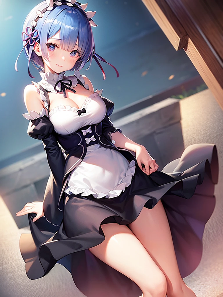 Re:Zero、Rem、hair over right eye、Gentle smile、Round hairstyle、short hair、Gentle smile、Round hairstyle、Soft looking breasts、Showing her panties