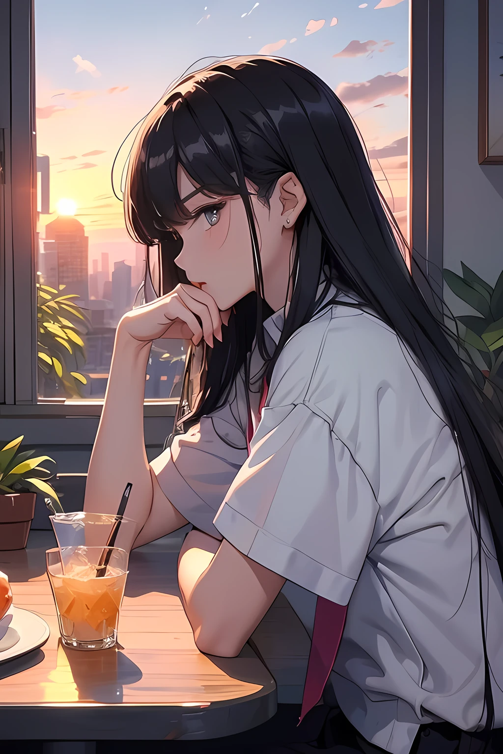 (masterpiece:1.5, best quality:1.5), ((VaporWave style, partially coloring)), cinematic angle, (ultra straight hair, Asymmetrical bangs), 1girl, (Hair flowing in the wind), Staring tiredly out the window, (Eyes looking away, Looking out the window), (sunset outside the window:1.2, sunset through window:1.2), From inside the house, ((Rest chin on hand)), Elbow on the table, face seen from the side, Short sleeve white shirt uniform, ultra straight hair, Poke out lips,