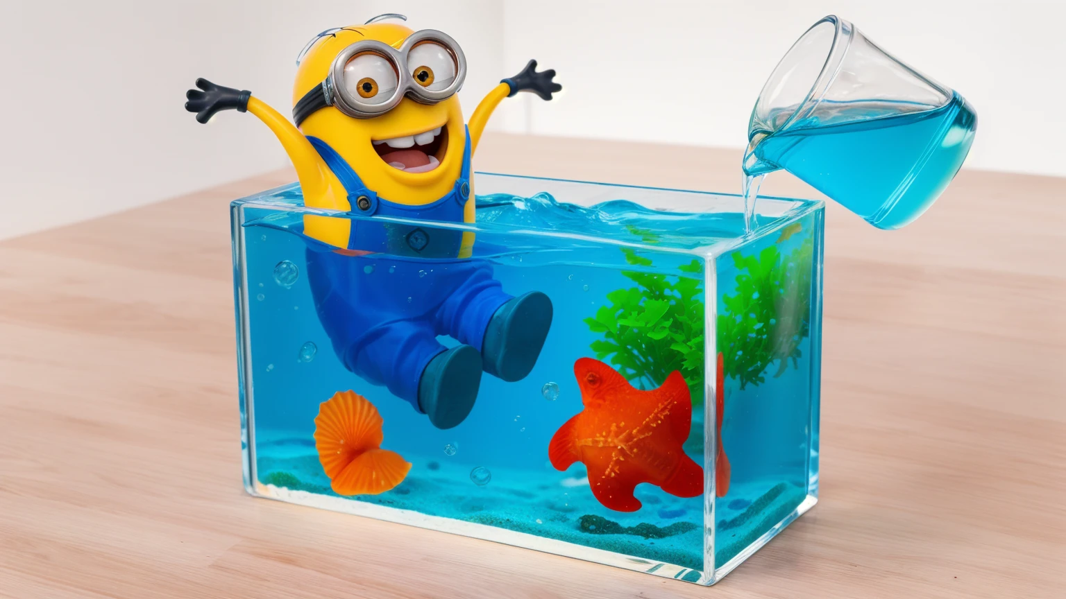 on a wooden table, there is a glass aquarium with blue water, a minion sitting in an aquarium, plastic red starfish in the aquarium, orange plastic shell and plastic green algae . water is poured from a measuring cup into an aquarium, against the background of the kitchen .beautiful lighting, Beautiful sunlight, realistic style , realistic texture, detailed texture, a high resolution, high quality, ultra hd 4k 