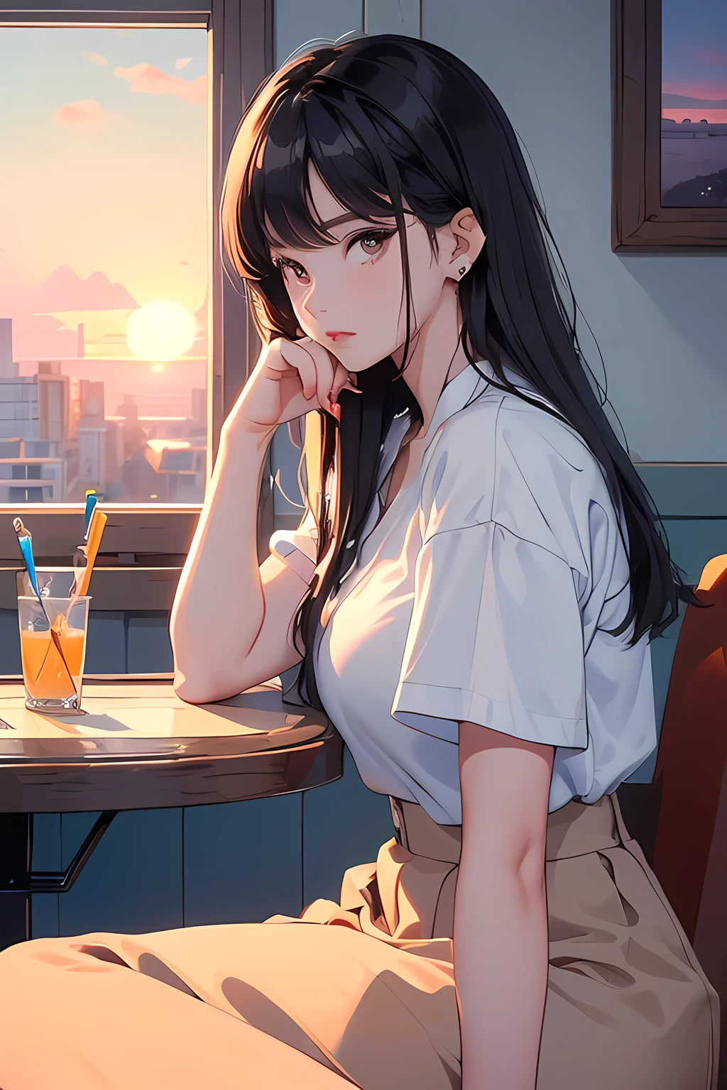 (masterpiece:1.5, best quality:1.5), ((VaporWave style, partially coloring)), cinematic angle, (ultra straight hair, Straight bangs), 1girl, (Hair flowing in the wind), Staring tiredly out the window, (Eyes looking away, Looking out the window), (sunset outside the window:1.2, sunset through window:1.2), From inside the house, ((Rest chin on hand)), Elbow on the table, face seen from the side, Short sleeve white shirt uniform, ultra straight hair, Poke out lips, 