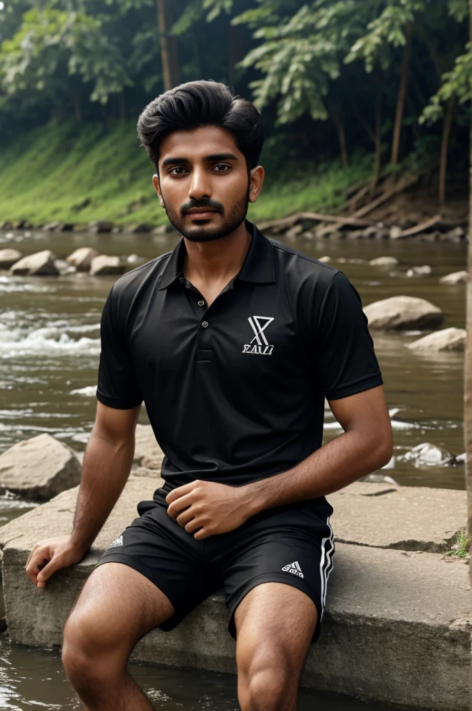 A boy is sitting on the bank of a river wearing a black shirt with the name Aijaz written on the back of his shorts