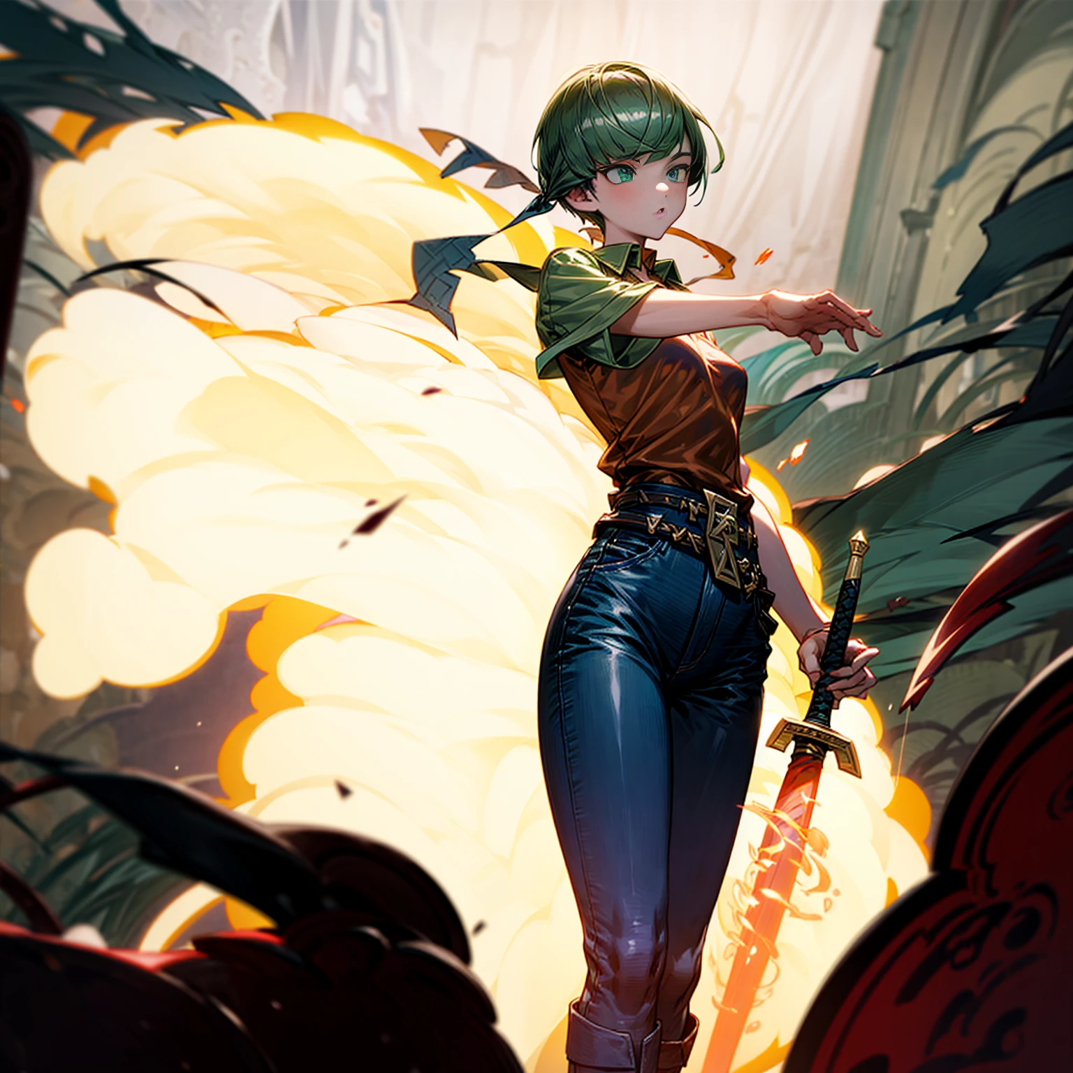 1girl, Full body version, 1character, green eyes, short haircut, (green color hair), undershirt style clothing, red colour clothing, jeans, belt, boots, Grassroots, full background in street city, (motion blur), (detective conan style art), sword in hand, fire effect on sword, lighting effect on sword, fire effect, blood on sword, smoke effect, fire effect