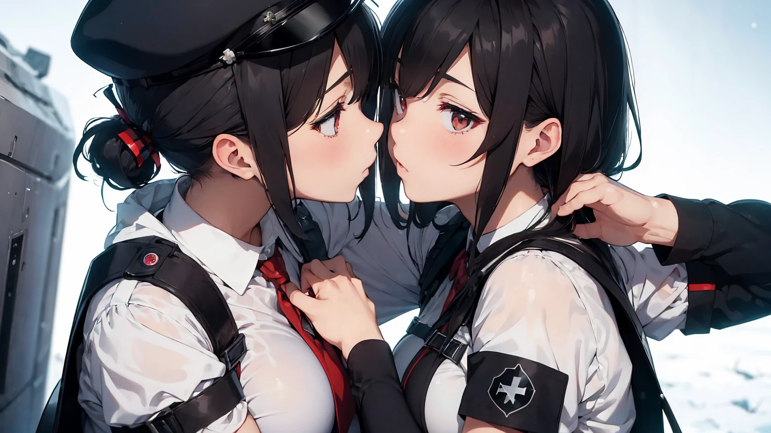 Gestapo uniform, female lesbian kawaii sisters kissing passionately with T-54 military tank. wearing Luftwaffe uniforms. 8k. masterpiece. best quality. best artwork. lingerie. Swastika insignia red armband. bare breasts. snow