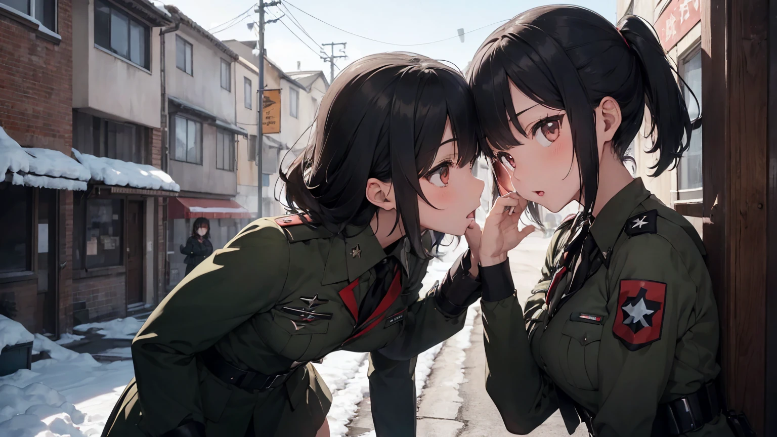Gestapo uniform, female lesbian kawaii sisters kissing passionately with T-54 military tank. wearing Luftwaffe uniforms. 8k. masterpiece. best quality. best artwork. lingerie. Swastika insignia red armband. bare breasts. snow