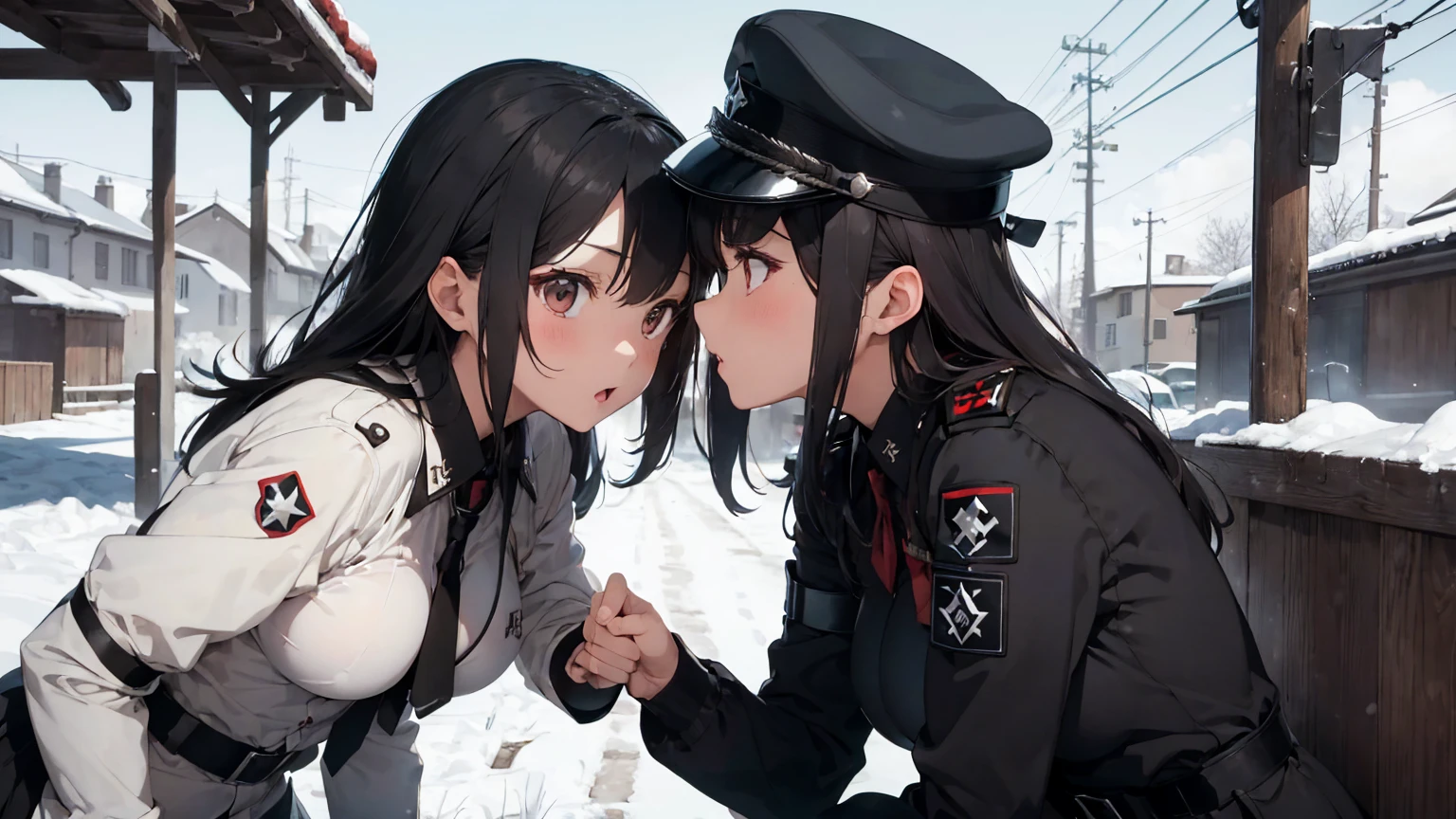  Gestapo uniform, female lesbian  kawaii sisters kissing passionately with T-54 military tank. wearing Luftwaffe uniforms. 8k. masterpiece. best quality. best artwork. lingerie. Swastika insignia red armband. bare breasts. snow