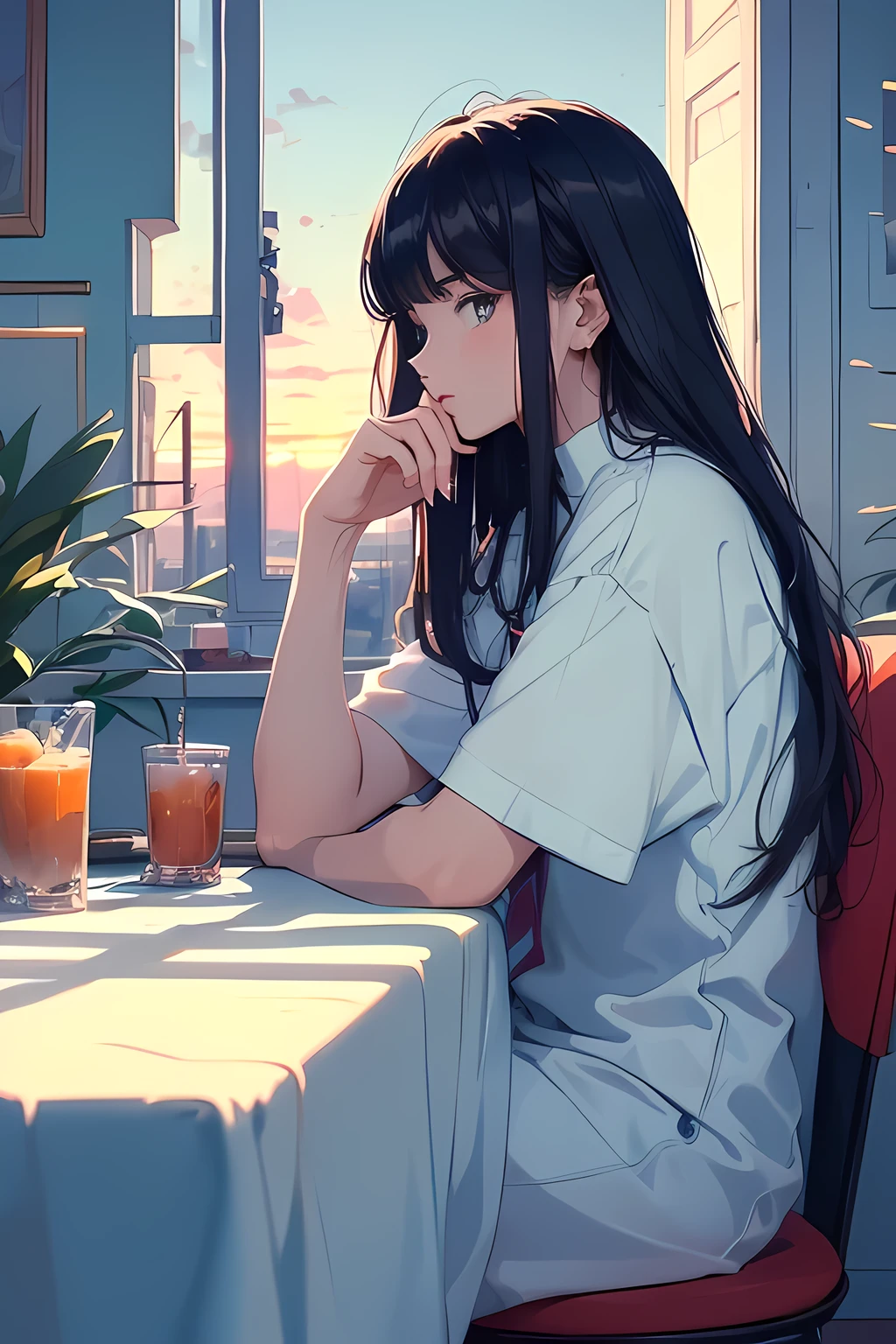 (masterpiece:1.5, best quality:1.5), ((Dream Art, VaporWave style, partially coloring)), cinematic angle, (ultra straight hair, Straight bangs), 1girl, (Hair flowing in the wind), Staring tiredly out the window, (Eyes looking away, Looking out the window), (sunset outside the window:1.2, sunset through window:1.2), From inside the house, ((Rest chin on hand)), Elbow on the table, face seen from the side, Short sleeve white shirt uniform, ultra straight hair, Poke out lips, 