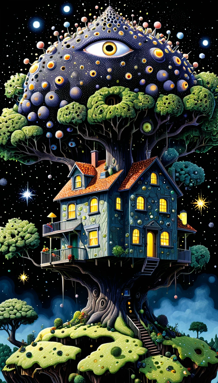 Strange illustration，Pointillism method，Trypophobia，House on top of a tree，Eye，unrealistic，Strong visual impact，black background，Star
