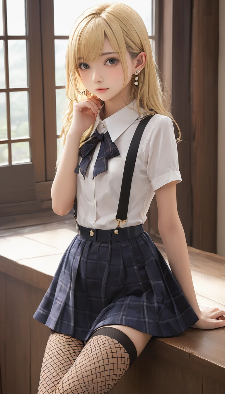 (masterpiece, Highest quality:1.2), One girl, alone,bony body、15 years old、(fishnet stockings) 、Earrings ,　Blonde