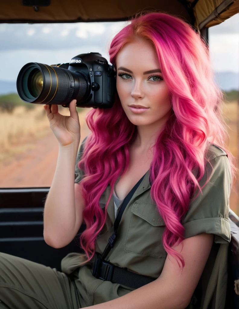 Very attractive 25 year old caucasian female with long wavy bright pink hair, on safari in Tanzania, holding a nikon d850 with a long lens, photo quality