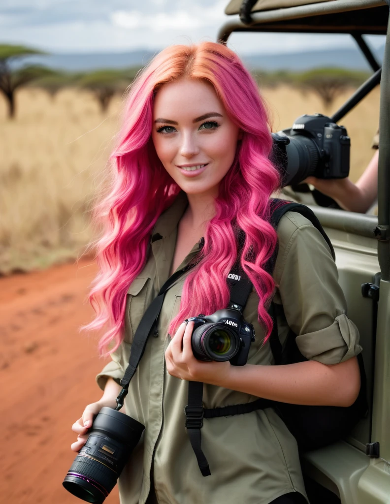 Very attractive 25 year old caucasian female with long wavy bright pink hair, on safari in Tanzania, holding a nikon d850 with a long lens, photo quality