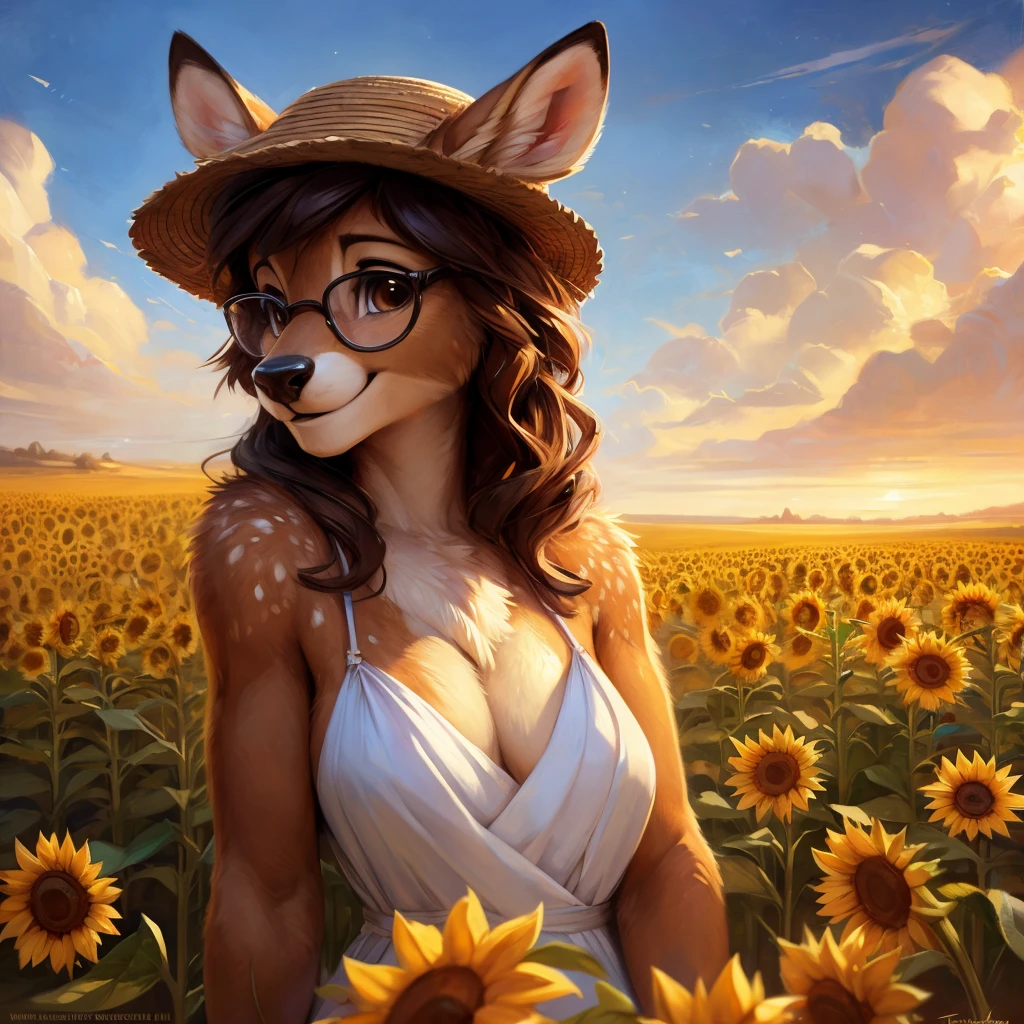 uploaded on e621, by Pixelsketcher, by Bayard Wu, by Thomas Benjamin Kennington , by Einshelm, by hioshiru and kenket, Chunie, portrait, solo anthro female deer doe, with small featureless breasts, clear dark blue, cinematic lighting, day, sunny day, sunflower field, stands in a high sunflower field, sunflower field background, sunflowers, mediterranean background, horizon background, shiny, chin short curly dark brown hair, wears big black nerd glasses, very very beautiful furry art, furry art, smiling, joyful, shiny, happy, feminine, cute face, muzzle, fluffy chest, flawless face, Fallow deer, 1girl, Sakimichan is beautiful, Masterpiece, Wavethesallow Face, shiny, Detailed image, portrait, Detailed image, portrait, full body, wearing pure white and wide spaghetti straps dress, wearing big and wide beige summer straw hat, shiny, realistic face, perfect anatomy, hourglass body, (furry body:1.1), anthropomorphic deer, looks at the viewer, small fluffy tail, detailed background, (cute anatomy:1.1)
