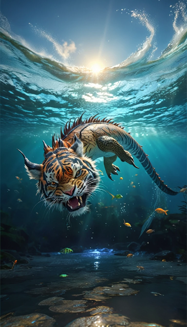 水中有一种Fantasy Creatures(best quality,4K,8k,High level,masterpiece:1.2),Ultra Detailed,(lifelike,Photo real,Photo real:1.37),Highly detailed animals,Complex patterns,Realistic lighting,Fantasy Creatures