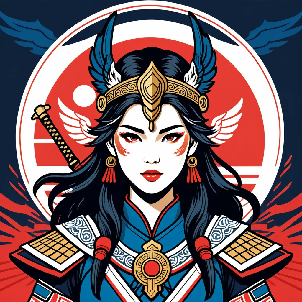 female valkyrie in japan folk outfit, vector graphics, strong contours, logo design