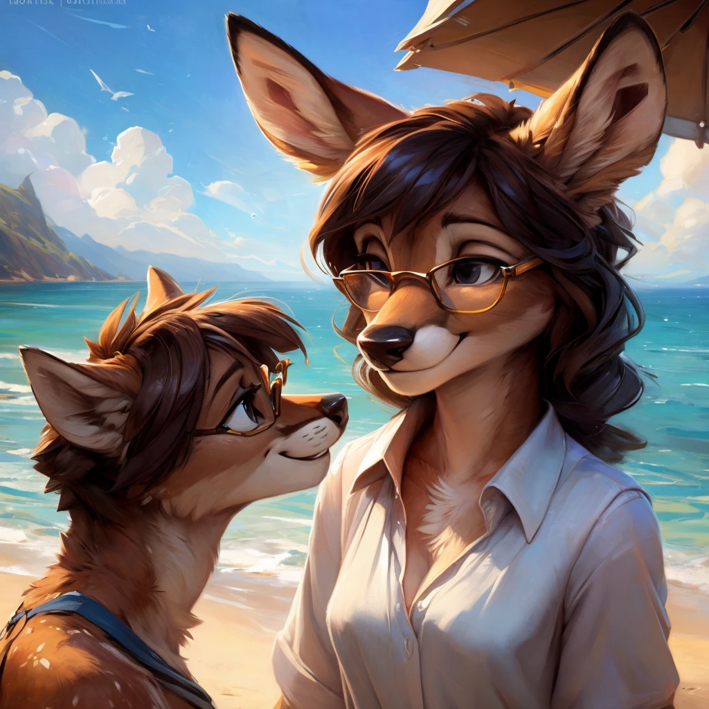 uploaded on e621, by Pixelsketcher, by Bayard Wu, by Thomas Benjamin Kennington , by Einshelm, by hioshiru and kenket, Chunie, portrait, solo anthro female deer doe, with small featureless breasts, clear dark blue, cinematic lighting, day, sunny day, beach, stays in the sea, sea background, mediterranean background, horizon background, shiny, short curly dark brown hair, wears big black nerd glasses, very very beautiful furry art, furry art, smiling, joyful, shiny, happy, feminine, cute face, muzzle, fluffy chest, flawless face, Fallow deer, 1girl, Sakimichan is beautiful, Masterpiece, Wavethesallow Face, shiny, Detailed image, portrait, Detailed image, portrait, full body, wearing wide, long, white blouse, shiny, realistic face, perfect anatomy, hourglass body, (furry body:1.1), anthropomorphic deer, small fluffy tail, detailed background, (cute anatomy:1.1), windy, smiling, very happy, happy
