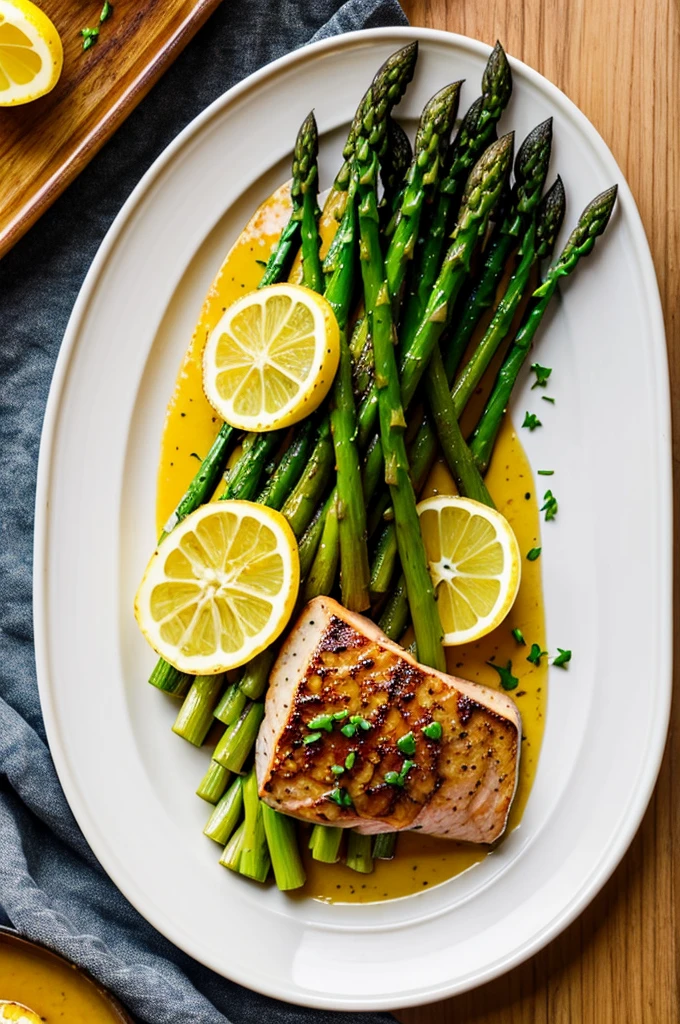 "A beautifully plated gourmetdish featuring seared salmonwith a drizzle of lemon buttersauce, served with a side ofroasted asparagus and mashedpotatoes."