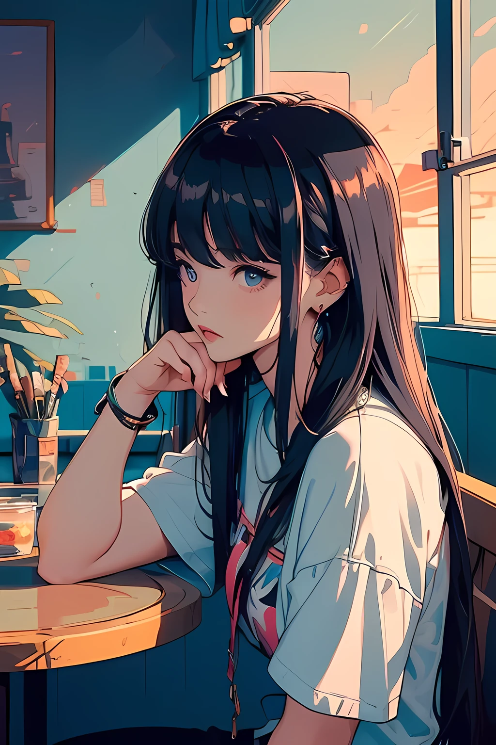 (masterpiece:1.5, best quality:1.5), ((Graffiti, VaporWave style, partially coloring)), cinematic angle, (ultra straight hair, Straight bangs), 1girl, (Hair flowing in the wind), Staring tiredly out the window, (Looking out the window), (sunset outside the window:1.2, sunset through window:1.2), From inside the house, ((Rest chin on hand)), Elbow on the table, face seen from the side, Short sleeve white shirt high , ultra straight hair, Poke out lips, Rim Light,
