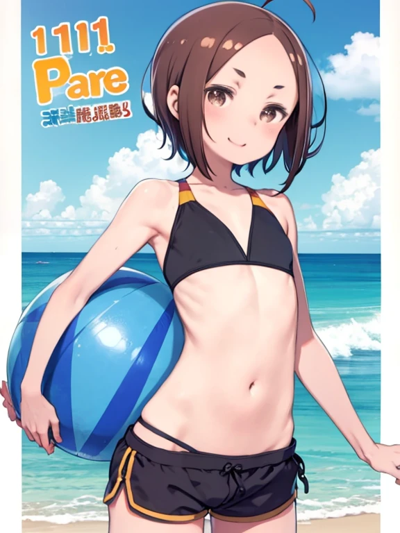 ((One Man))、12 years old、short hair、Straight Hair、Flat Hair、Brown Hair、Brown eyes、Forehead、Ahoge、Swimwear、Shorts、Pectoralis major、Abdominal muscleuscle、belly button、Upper Body、Ocean、beach、laughing、