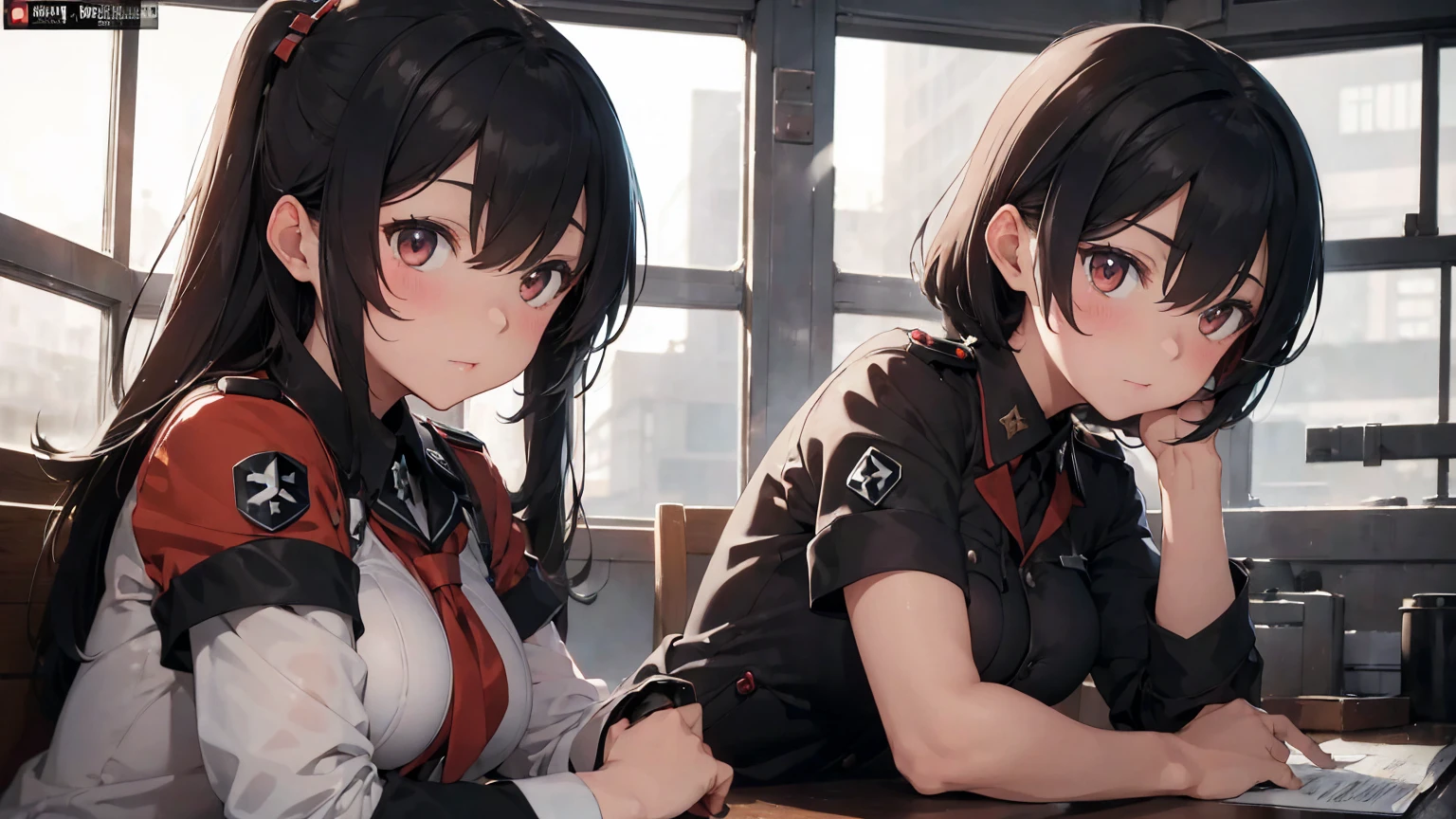 Gestapo uniform, female lesbian kawaii sisters kissing passionately with T-54 military tank. wearing Luftwaffe uniforms. 8k. masterpiece. best quality. best artwork. lingerie. Swastika insignia red armband. bare breasts. atomic bomb in background