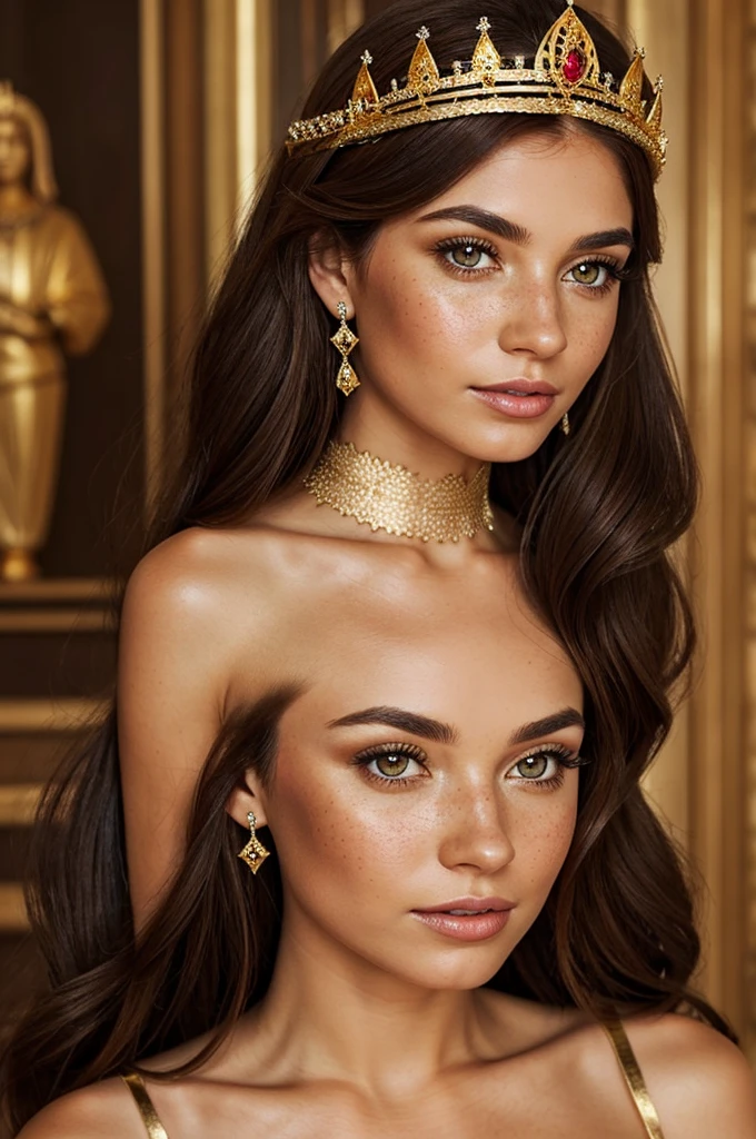 Create a queen with straight hazel hair with dark brown eyes, freckles and thin with , with a rather lush dress and a gold crown with red diamonds