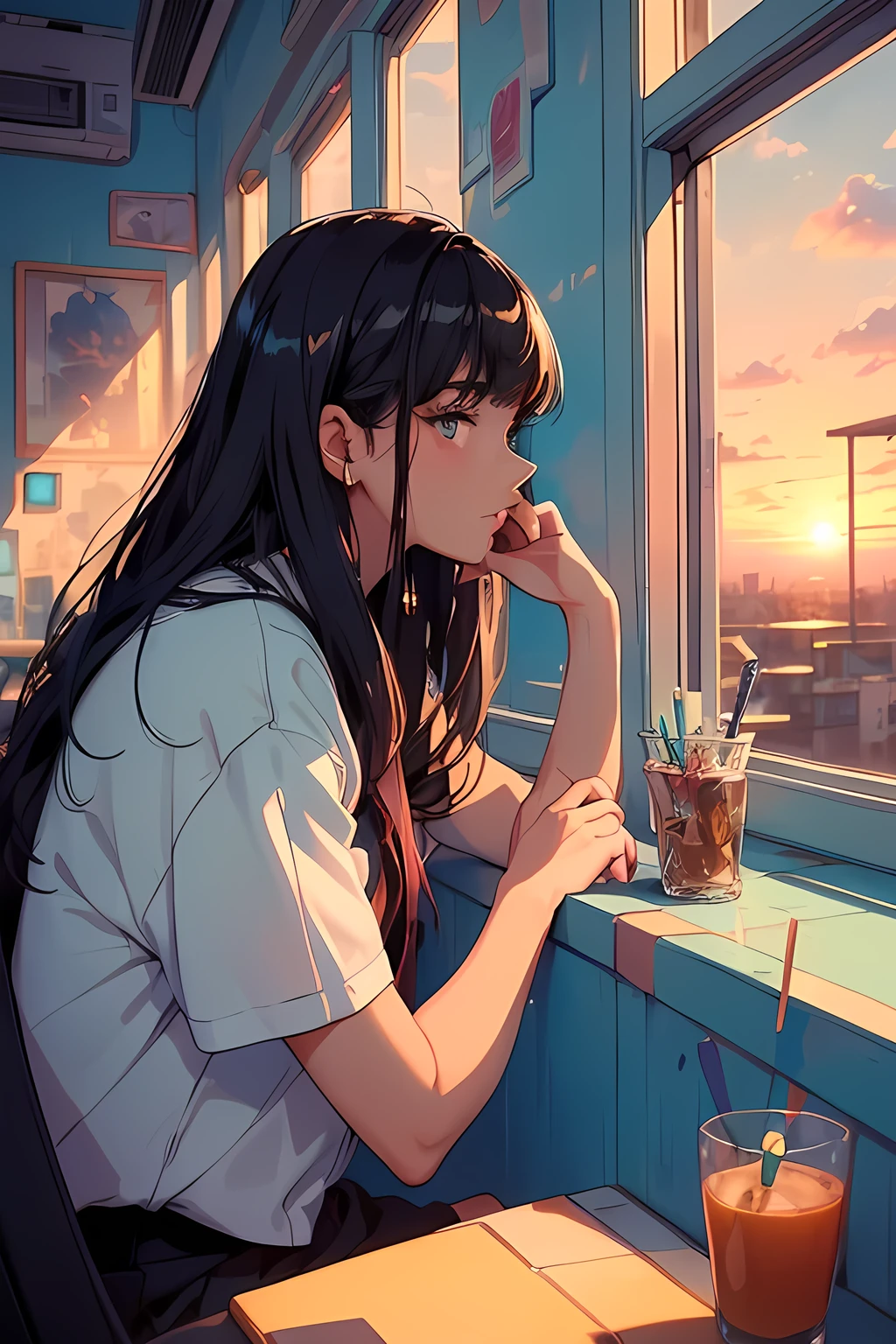 (masterpiece:1.5, best quality:1.5), ((Graffiti, VaporWave style, partially coloring)), cinematic angle, (ultra straight hair, Straight bangs), 1girl, (Hair flowing in the wind), Staring tiredly out the window, (Looking out the window), (sunset outside the window:1.2, sunset through window:1.2), From inside the house, ((Rest chin on hand)), Elbow on the table, face seen from the side, Short sleeve white shirt high , ultra straight hair, Poke out lips, Rim Light, 