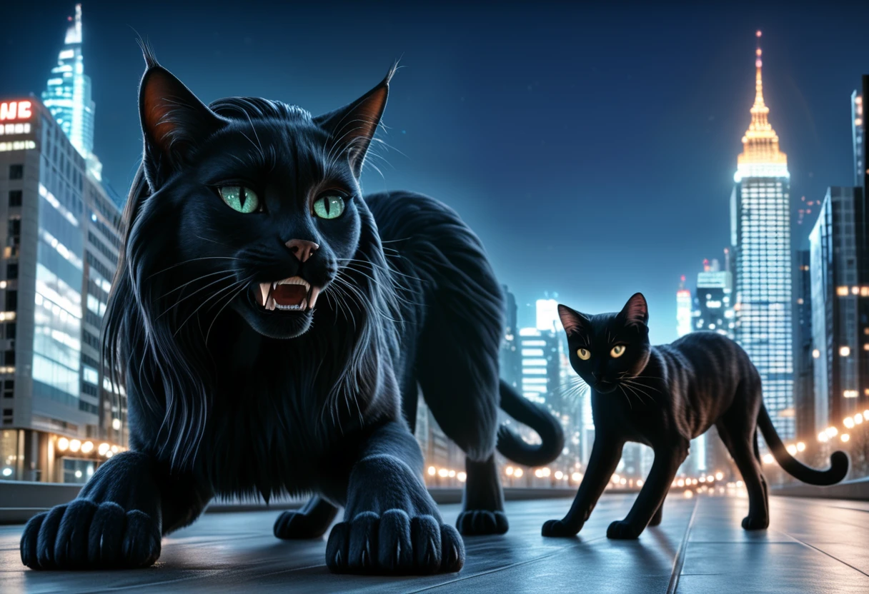 Detailed cat ears, detailed whisker flesh, detailed vertical pupils, long straight black hair, beautiful giantess in a black dress baring her fangs, crawling on all fours in a skyscraper at night, with Manhattan skyscrapers in the background, mythical creature, realistic, highly detailed, 8k, masterpiece, dramatic lighting, cinematic, graceful, feline, powerful, intense gaze, flawless skin, exquisite detail, dynamic pose, atmospheric, stunning color and chiaroscuro