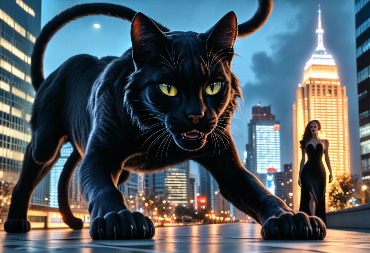 Detailed cat ears, detailed whisker flesh, detailed vertical pupils, long straight black hair, beautiful giantess in a black dress baring her fangs, crawling on all fours in a skyscraper at night, with Manhattan skyscrapers in the background, mythical creature, realistic, highly detailed, 8k, masterpiece, dramatic lighting, cinematic, graceful, feline, powerful, intense gaze, flawless skin, exquisite detail, dynamic pose, atmospheric, stunning color and chiaroscuro