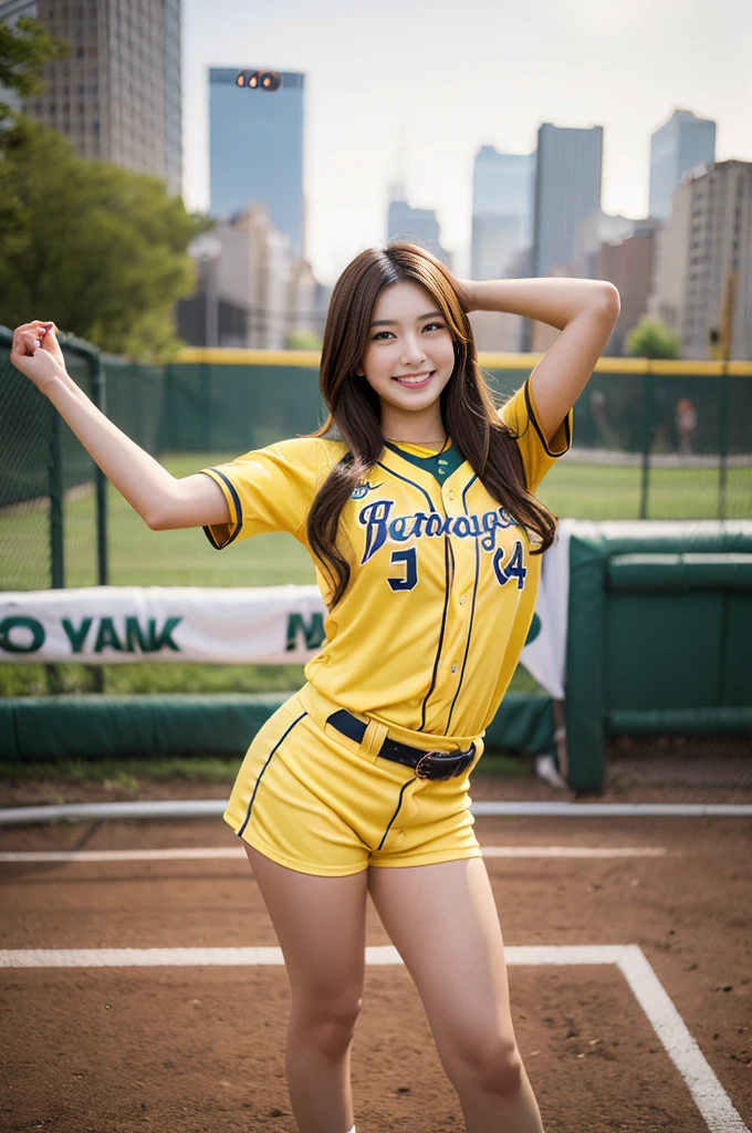 Japanese woman, 20 years old, smiling, mouth open, long brown hair, brown eyes, small breasts, yellow baseball uniform, full body, legs open, more legs visible, hands folded behind head, background New York, evening