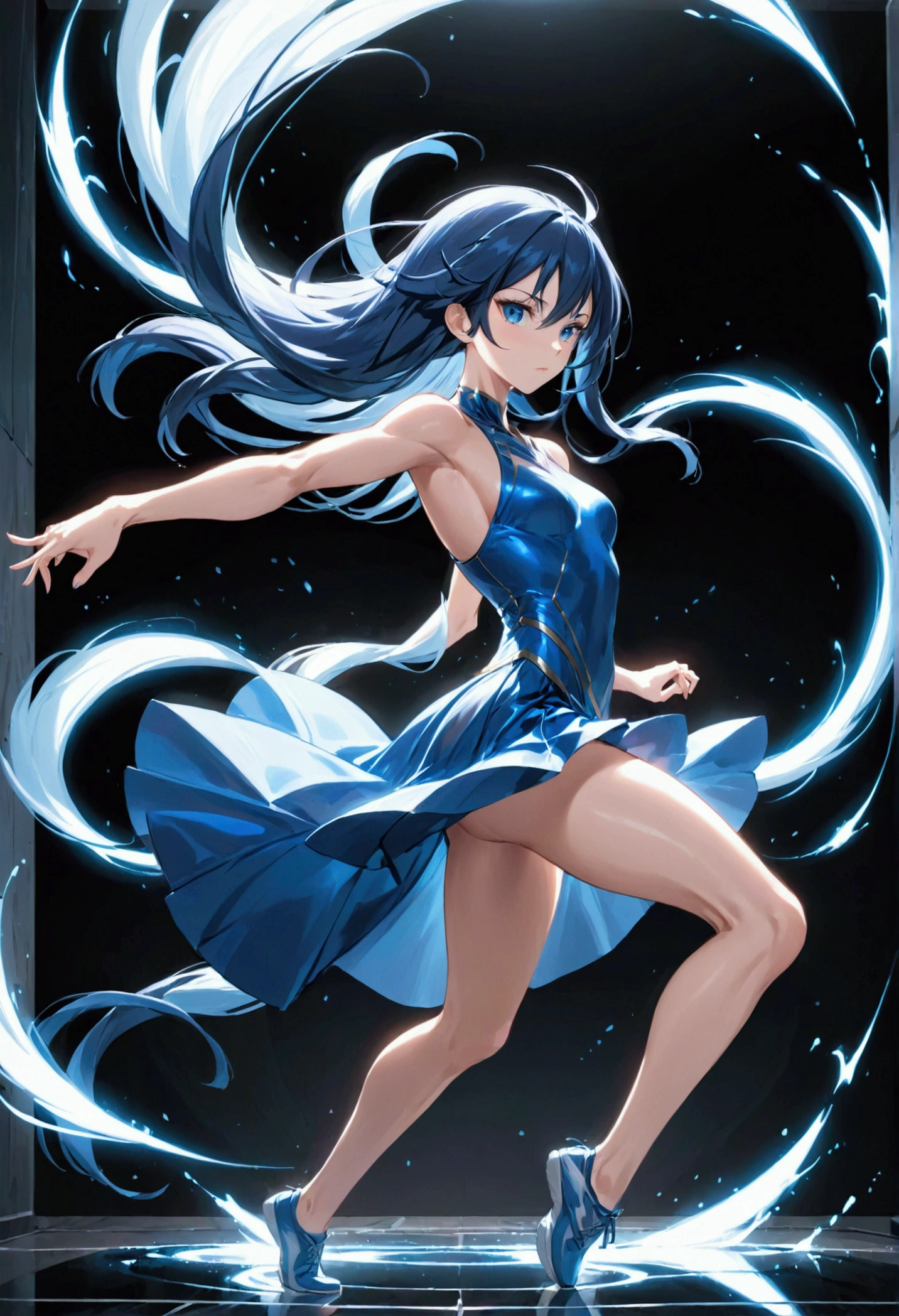 Anime girl with long dark blue hair and light blue eyes, slender and athletic body type, reflecting her agility and combat prowess. Her physique is lean and toned, emphasizing her swift and graceful movements as a fighter.wearing an elegant dress