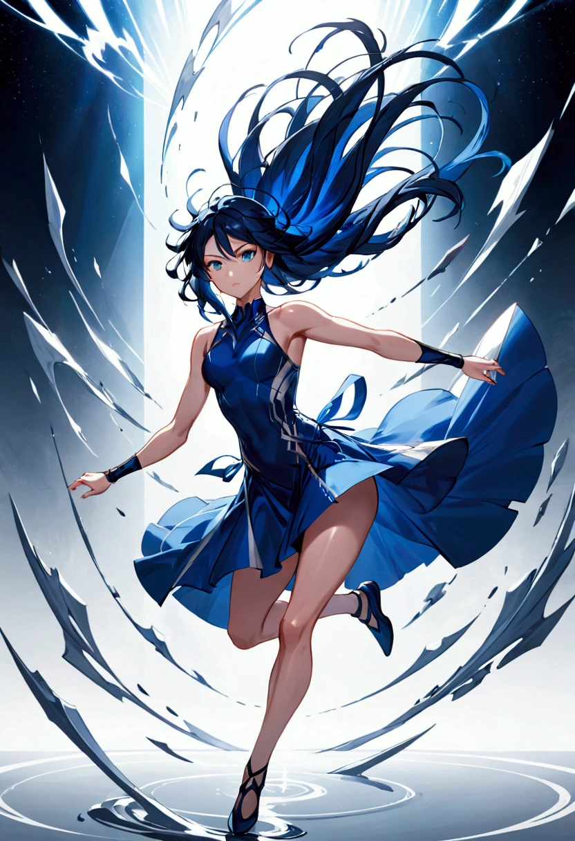 Anime girl with long dark blue hair and light blue eyes, slender and athletic body type, reflecting her agility and combat prowess. Her physique is lean and toned, emphasizing her swift and graceful movements as a fighter.wearing an elegant dress