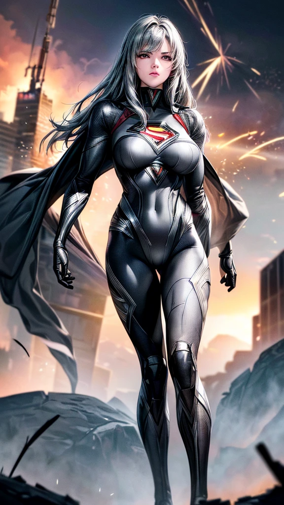 Action shots by M1lly4c0k2222 ((Wearing a more revealing black and silver version of the Superman suit Man of Steel)), Large Breasts, Fit body, (There are explosions in the background,The city is in ruins), Style - BladeRunner2049-8v Intricacy, High Detail, Clear focus, dramatic, ((Reality))