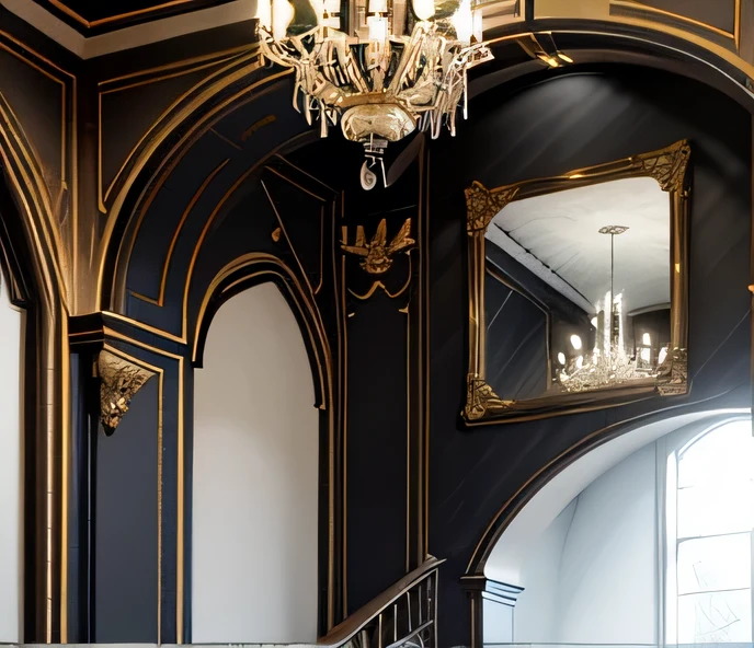 The mirrored safe on the wall is the visual focus. The Italian castle stucco wall black and white marble floor crystal chandelier