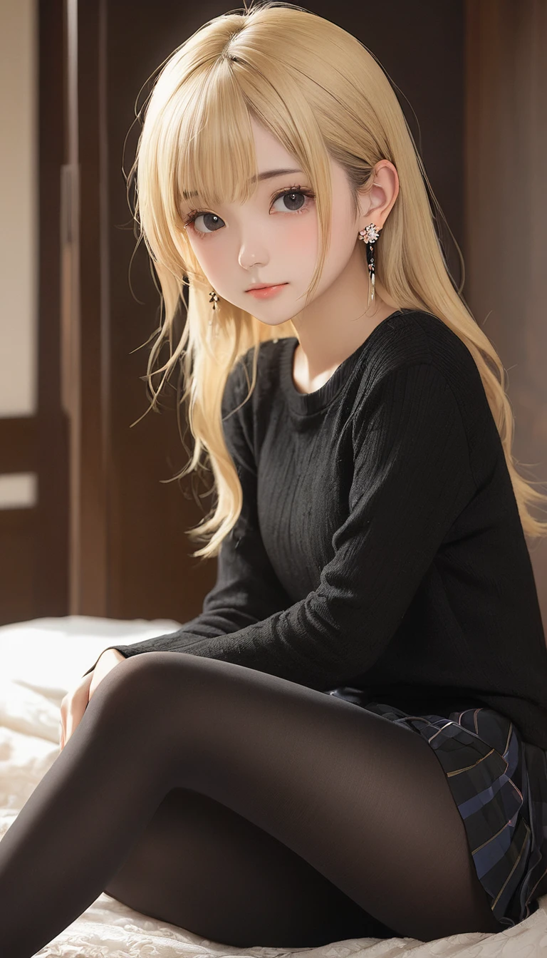 (masterpiece, Highest quality:1.2), One girl, alone,bony body、15 years old、(black tights) 、Earrings ,　Blonde