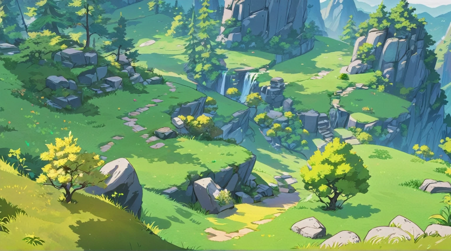 传奇皮肤“Grass原森林”，Mountain，stone，Grass，Tree，Grass原森林场景，Green Plants，Cartoon Style，Game big scene，Look down at the scene