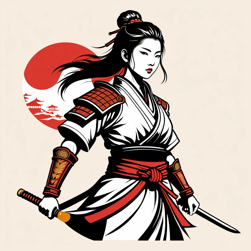 female warrior in japan folk outfit, vector graphics, strong contours, logo design