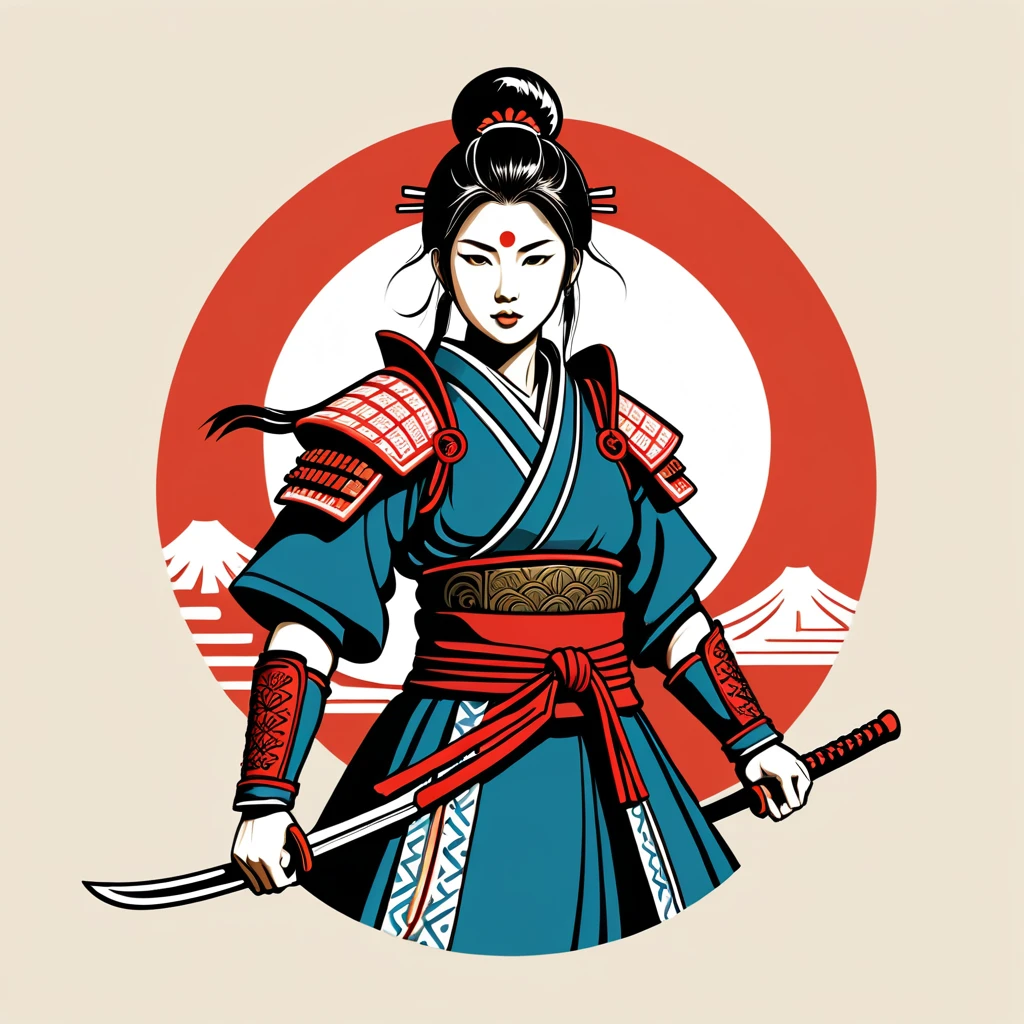 female warrior in japan folk outfit, vector graphics, strong contours, logo design