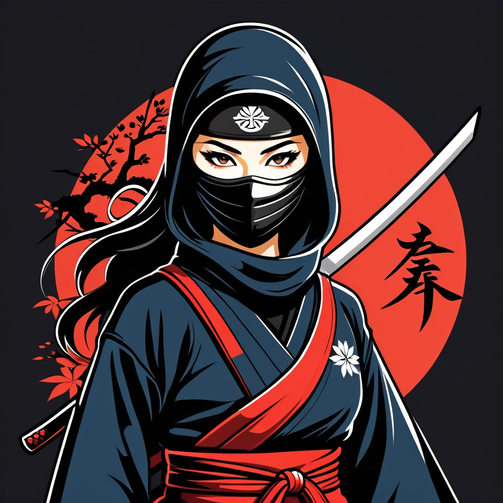 female ninja in japan folk outfit, vector graphics, strong contours, logo design