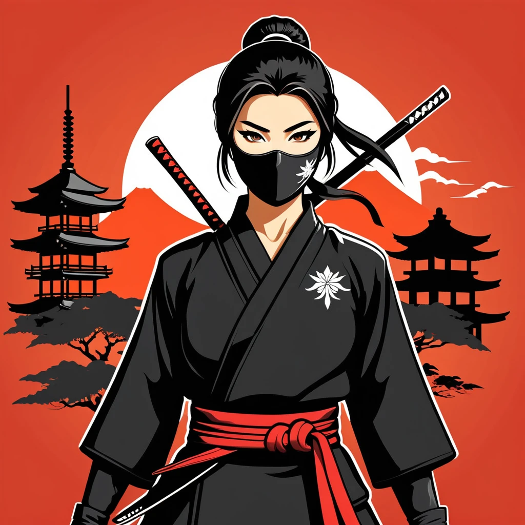 female ninja in japan folk outfit, vector graphics, strong contours, logo design