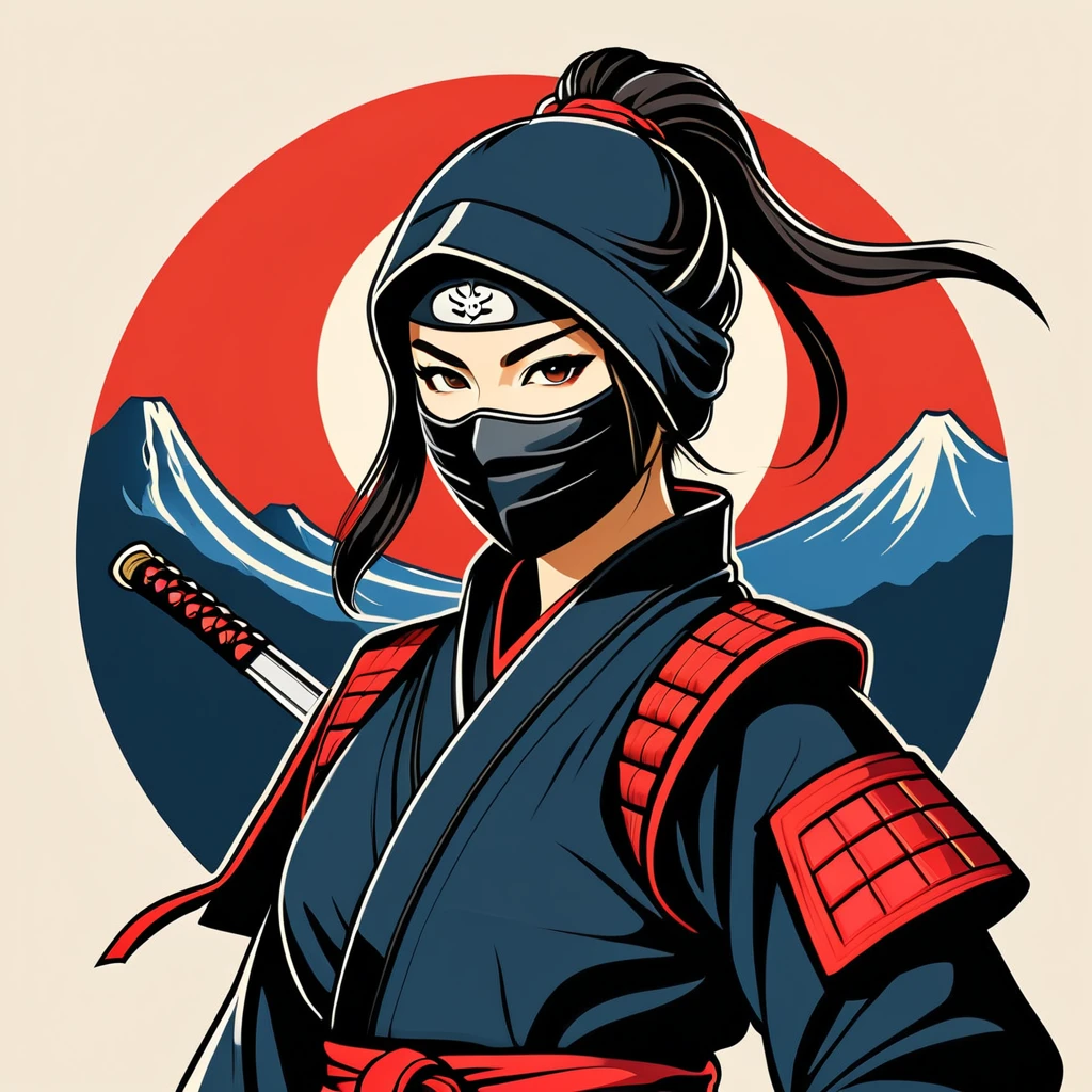 female ninja in japan folk outfit, vector graphics, strong contours, logo design
