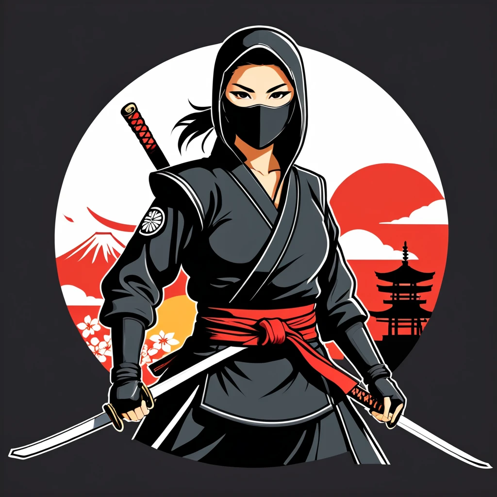 female ninja in japan folk outfit, vector graphics, strong contours, logo design